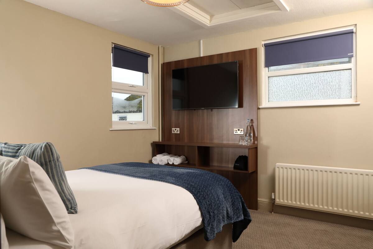 Une chambre à coucher comprenant un lit, un téléviseur fixé sur un panneau en bois, un radiateur et deux fenêtres équipées de stores.
