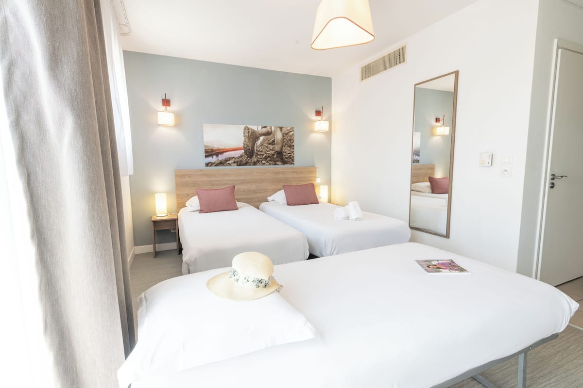 Une chambre d’hôtel avec deux lits simples, une tête de lit en bois, un grand miroir et un tableau accroché au mur.