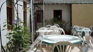A patio with a round table and white plastic chairs, surrounded by plants and a tiled floor. - Hôtel Restaurant Métropole (Mirande)