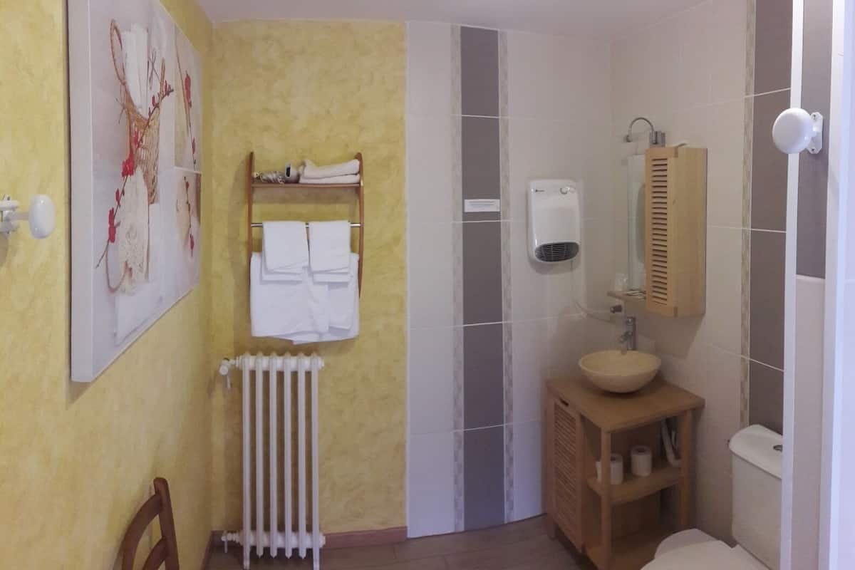 A bathroom with a radiator, a towel rack with towels, a toilet, and a mirror.