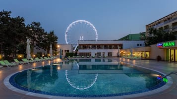 Outdoor pool, pool umbrellas, pool loungers