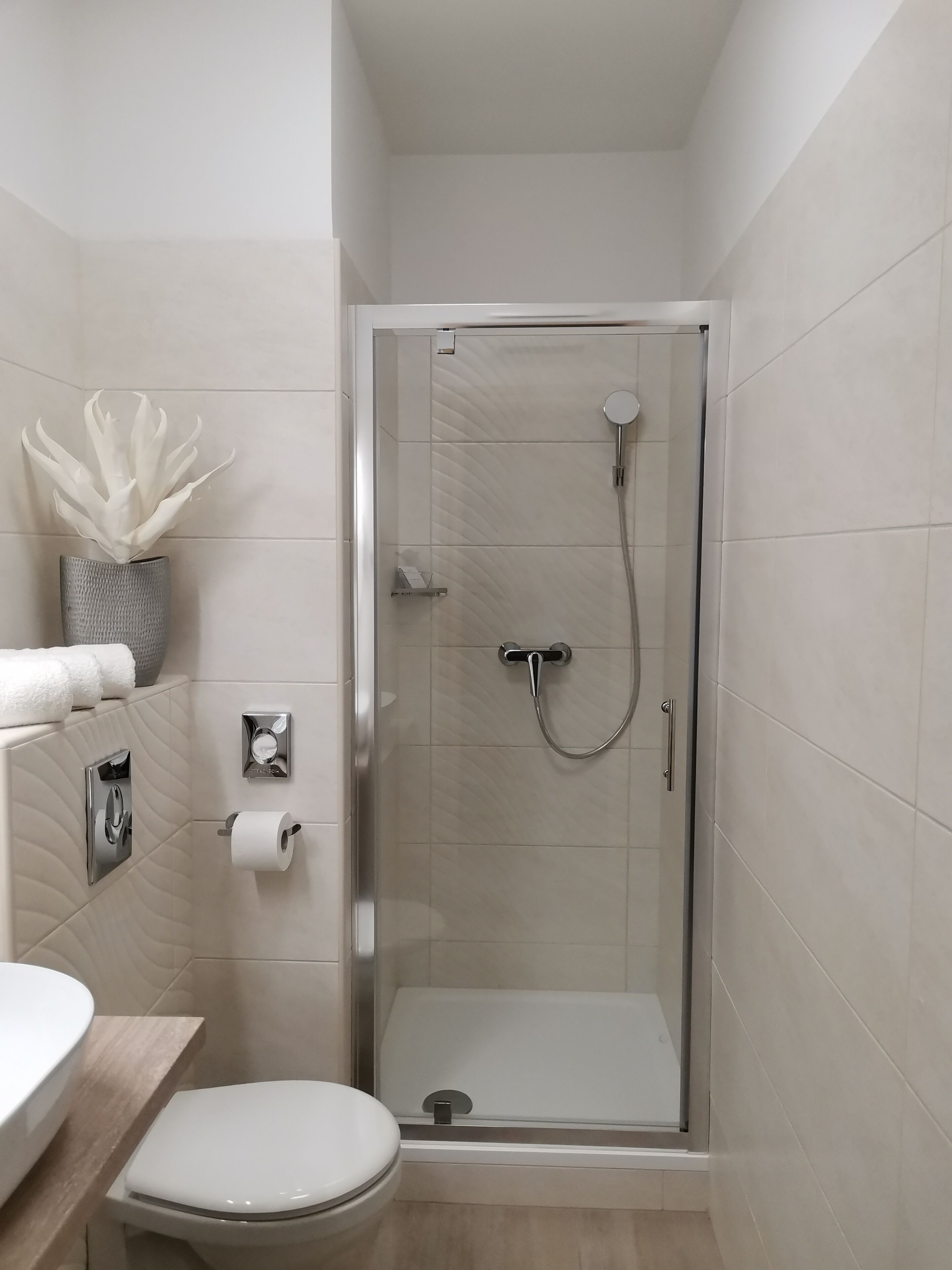 A modern bathroom with a glass-enclosed shower, a toilet, and a sink.