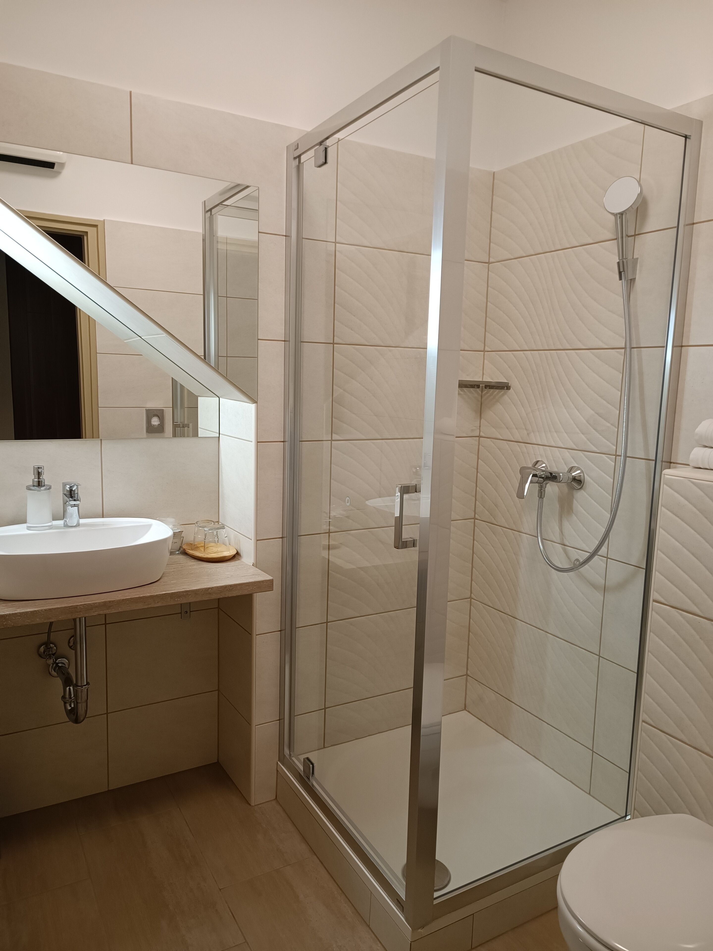 A modern bathroom with a glass-enclosed shower, a sink with a mirror, and a toilet.