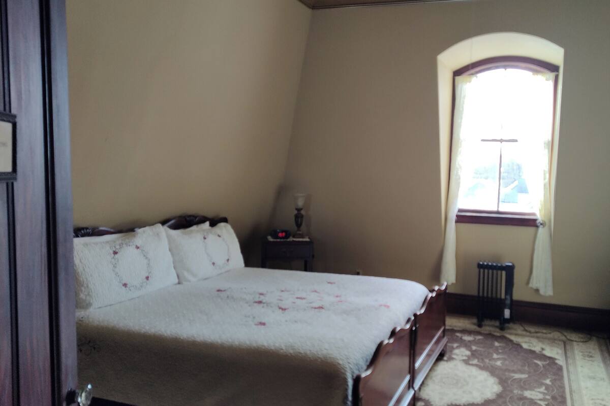 A bedroom with a bed, a nightstand, a radiator, and a window with a view.
