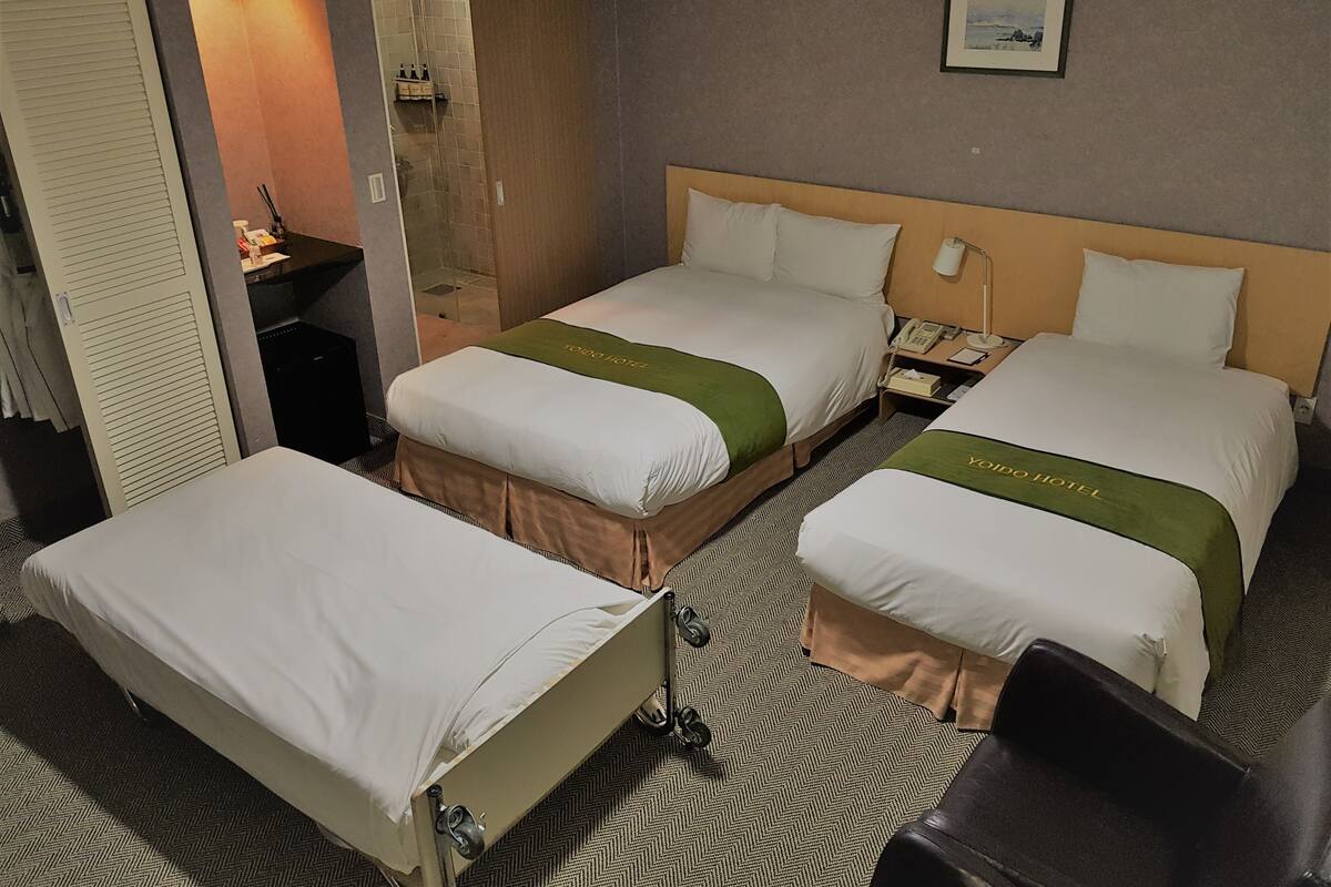 Habitación de hotel con dos camas, un escritorio, un espejo y un cuadro en la pared.