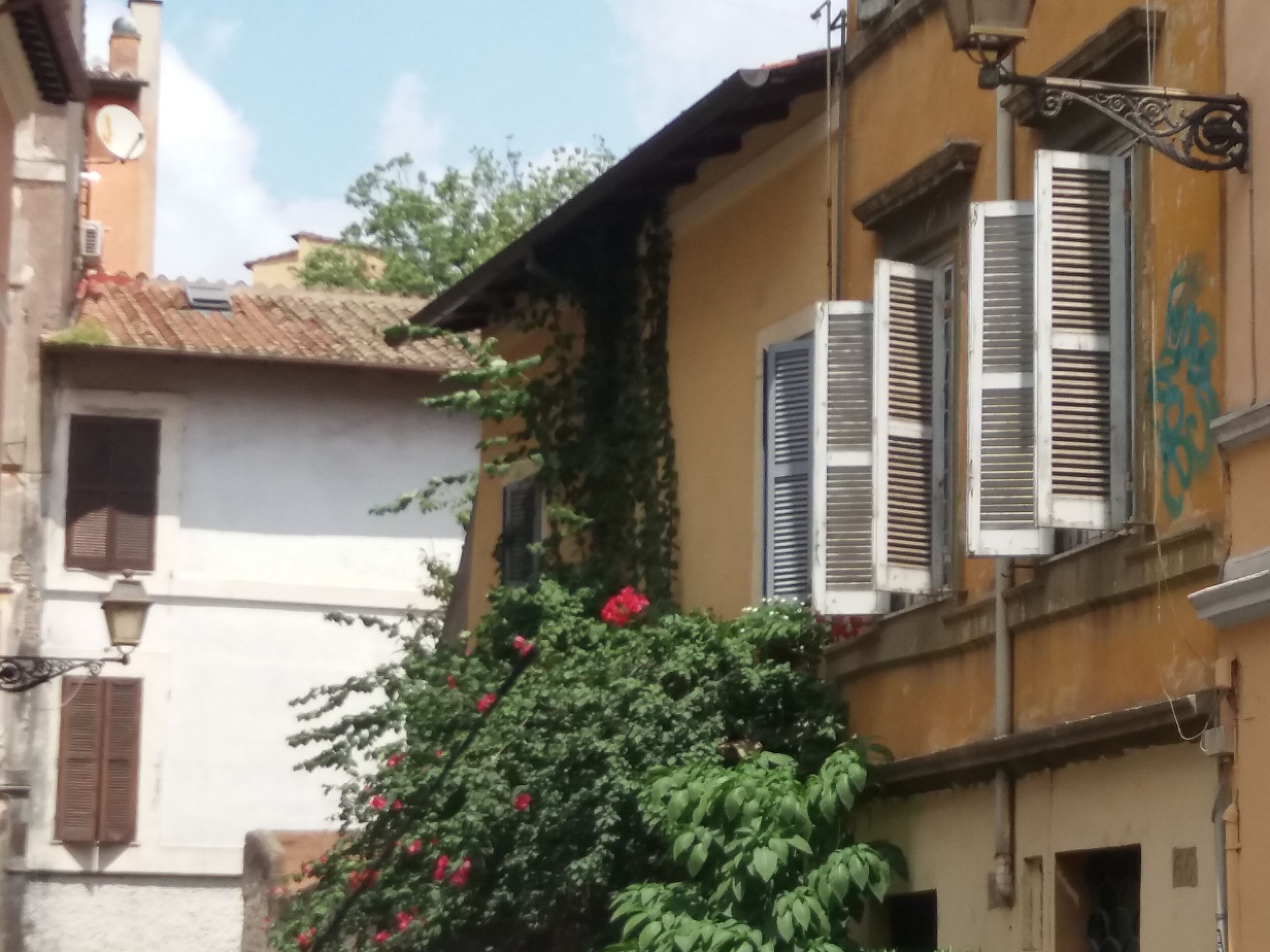 Uma rua estreita com edifícios com arquitetura tradicional, incluindo um prédio com fachada amarela e persianas brancas.