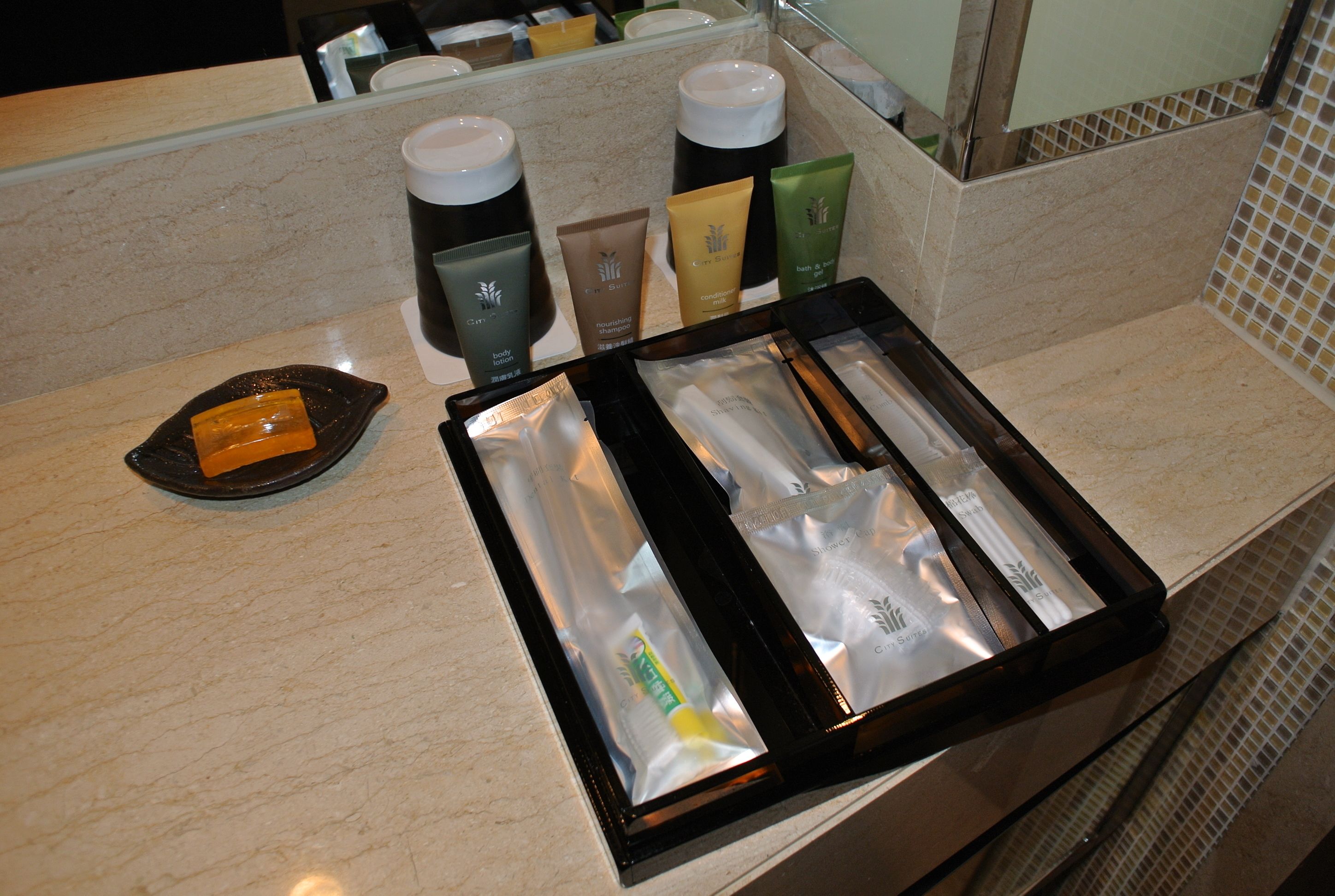 free toiletries, hair dryer, bathrobes, slippers