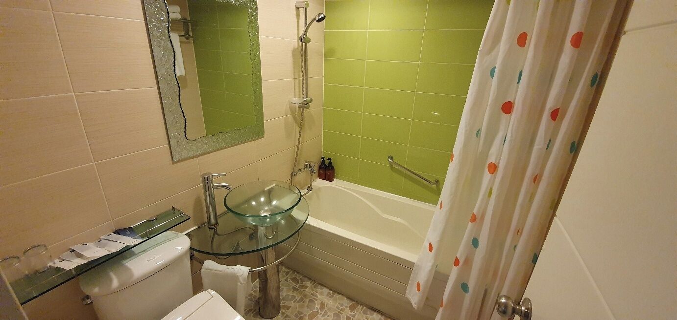 combined shower/bathtub, deep-soaking bathtub, free toiletries