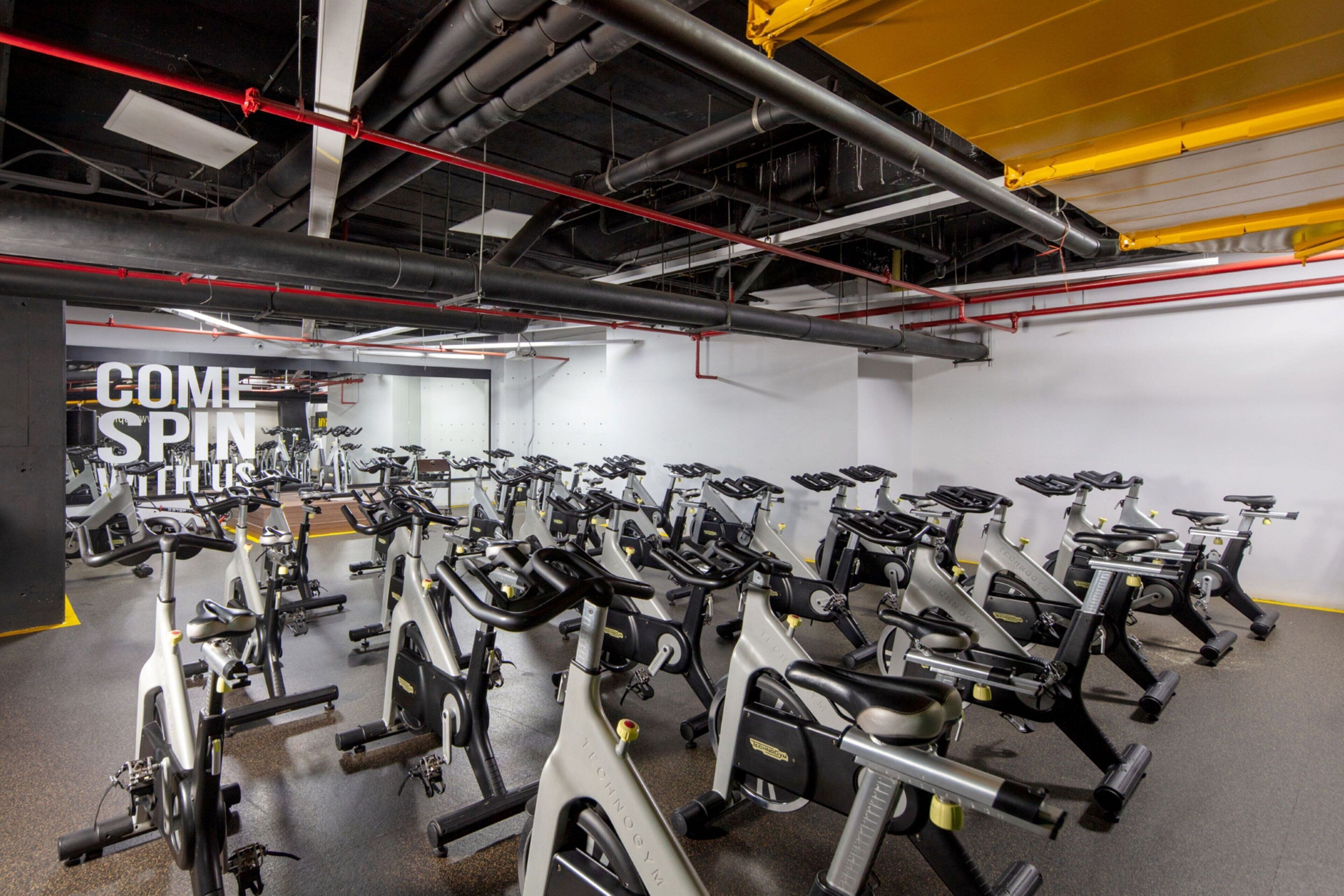 Un gimnasio con varias bicicletas estáticas dispuestas en filas.