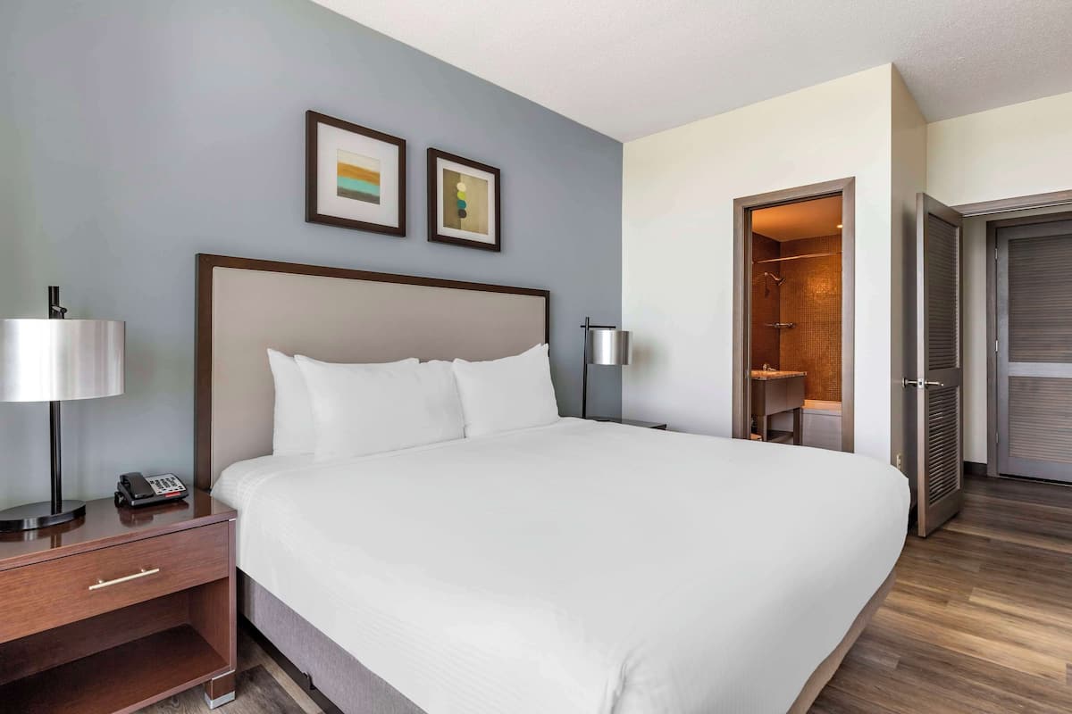 A hotel room with a large bed, a bedside table with a lamp, a phone, and two framed pictures on the wall.