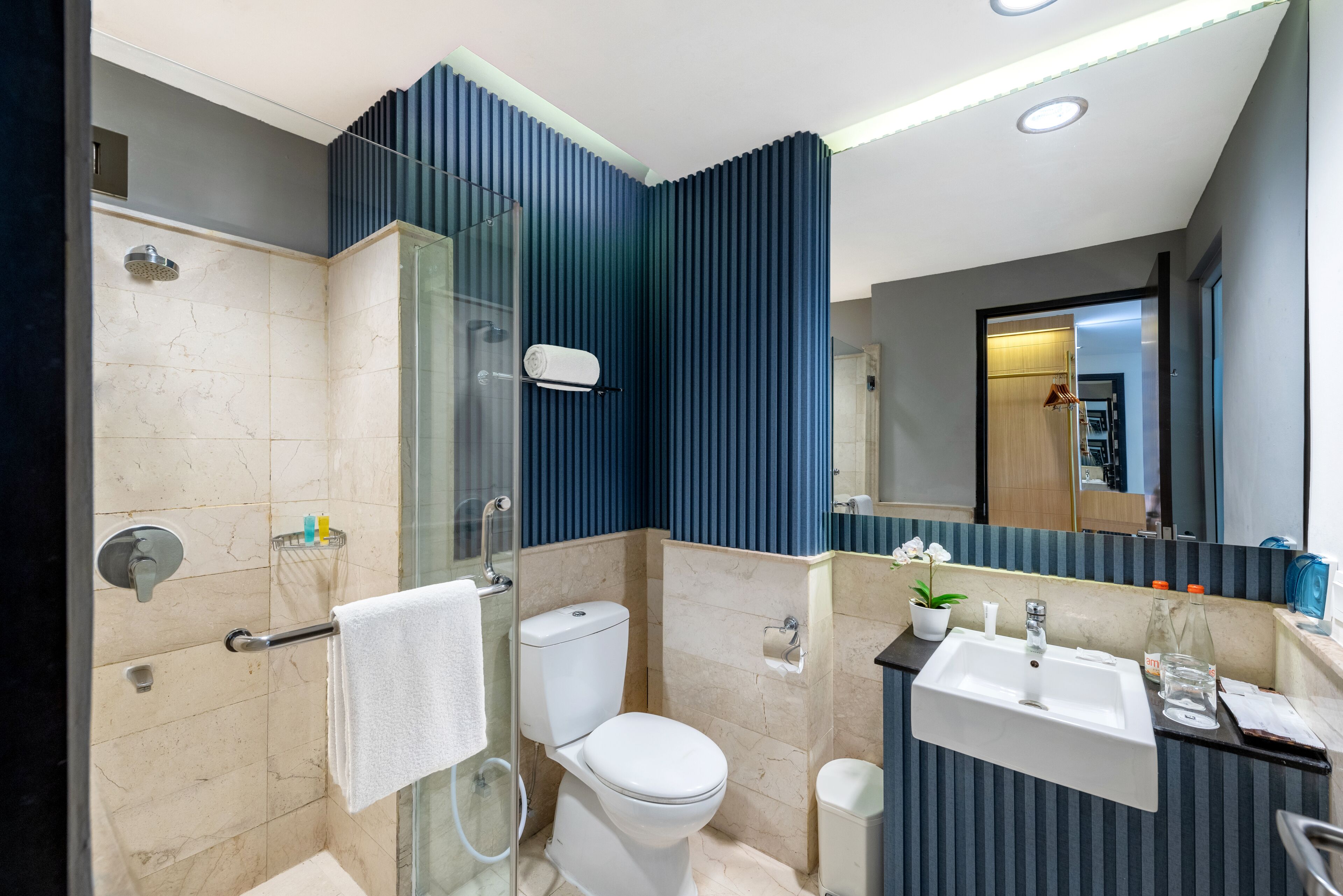 A modern bathroom with a glass shower enclosure, a white toilet, a sink, and a mirror.
