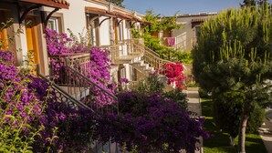 A building with a staircase, surrounded by purple flowers and a pine tree. - Moonshine Hotel & Suites (Bodrum)