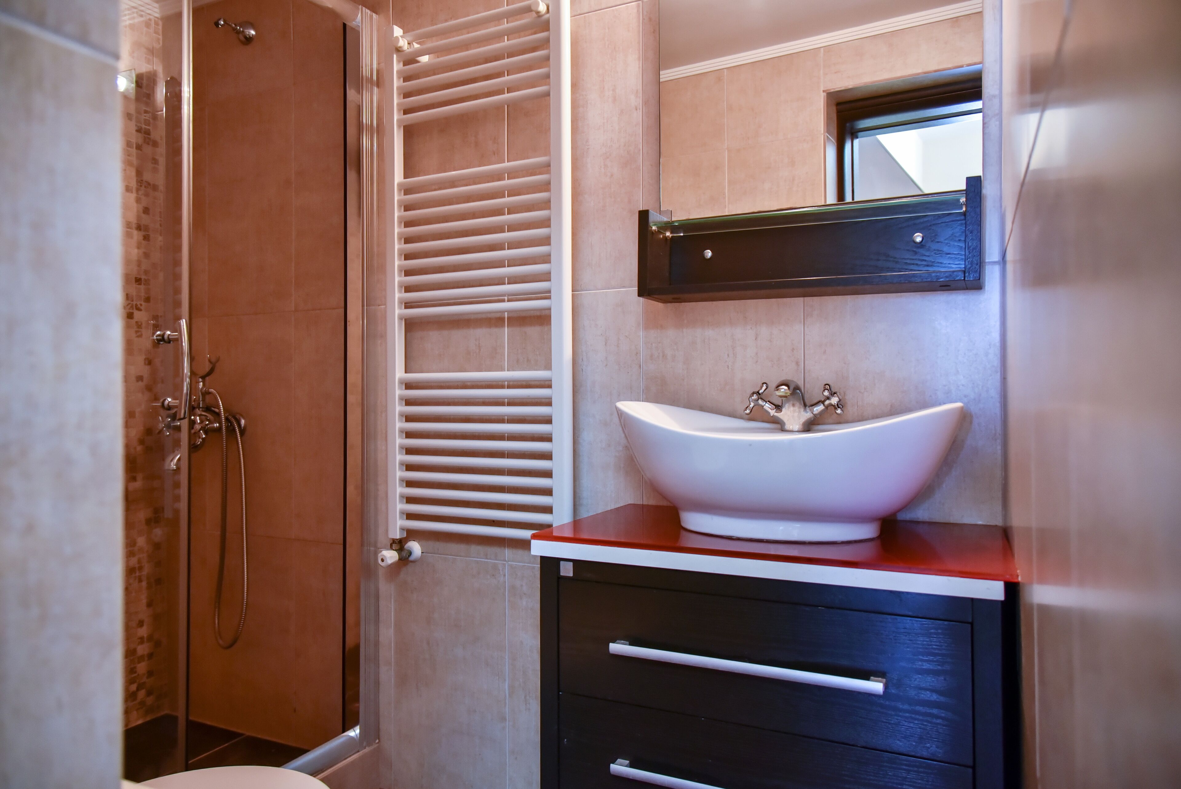 A bathroom with a walk-in shower, a white sink, and a mirror above it.