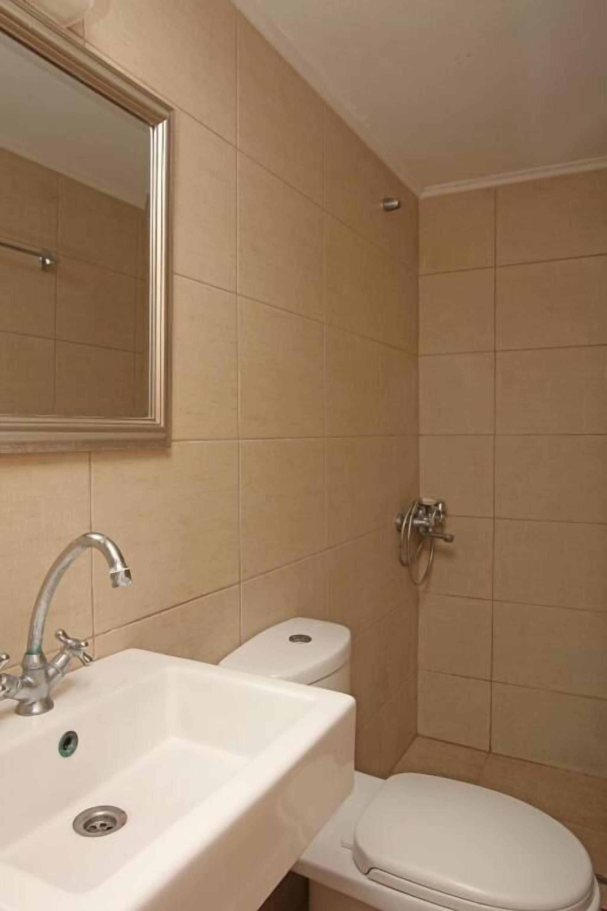 A bathroom with a white sink, a toilet, and a shower area.