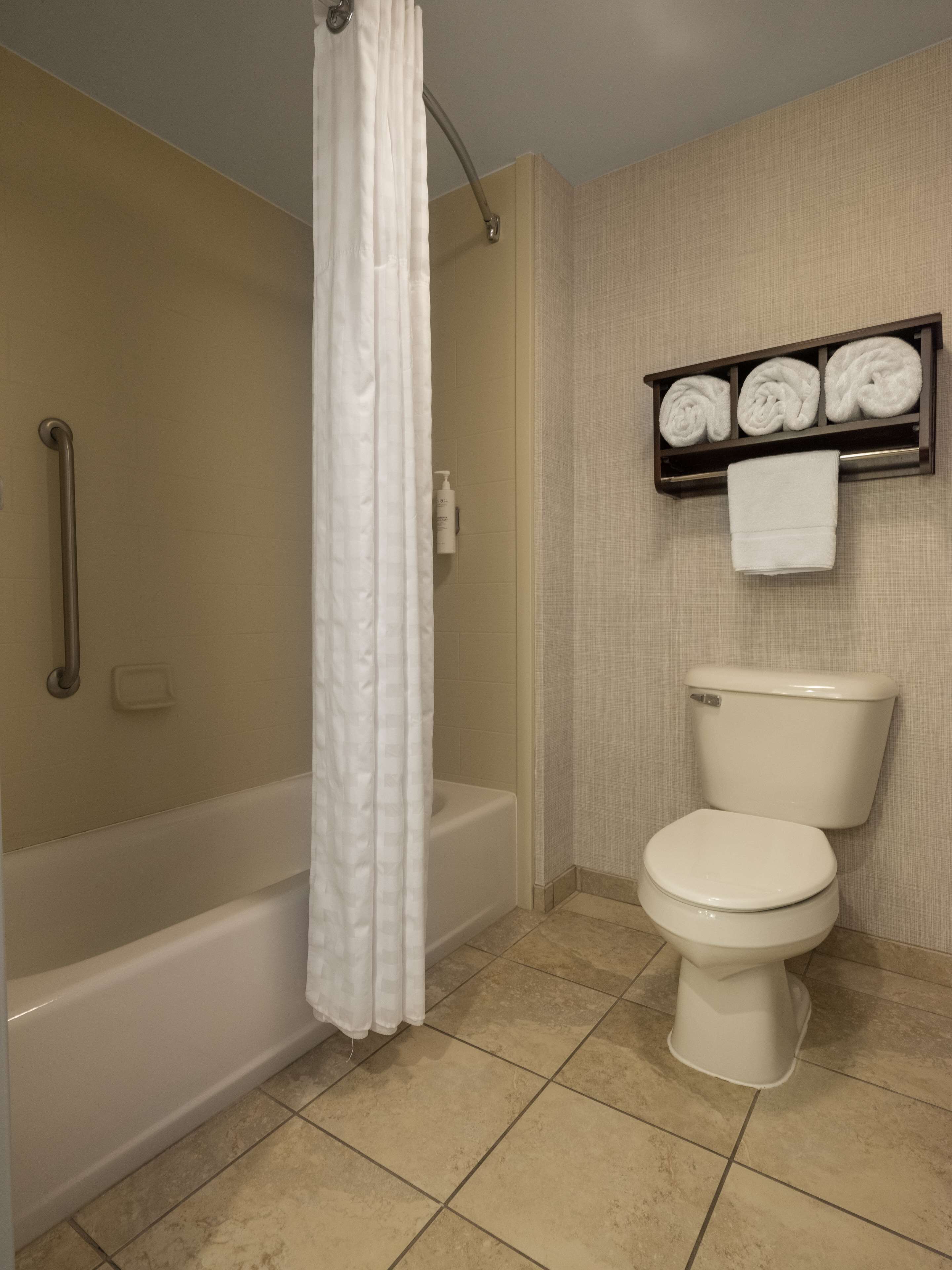 A bathroom with a bathtub, toilet, and a shelf with rolled towels.