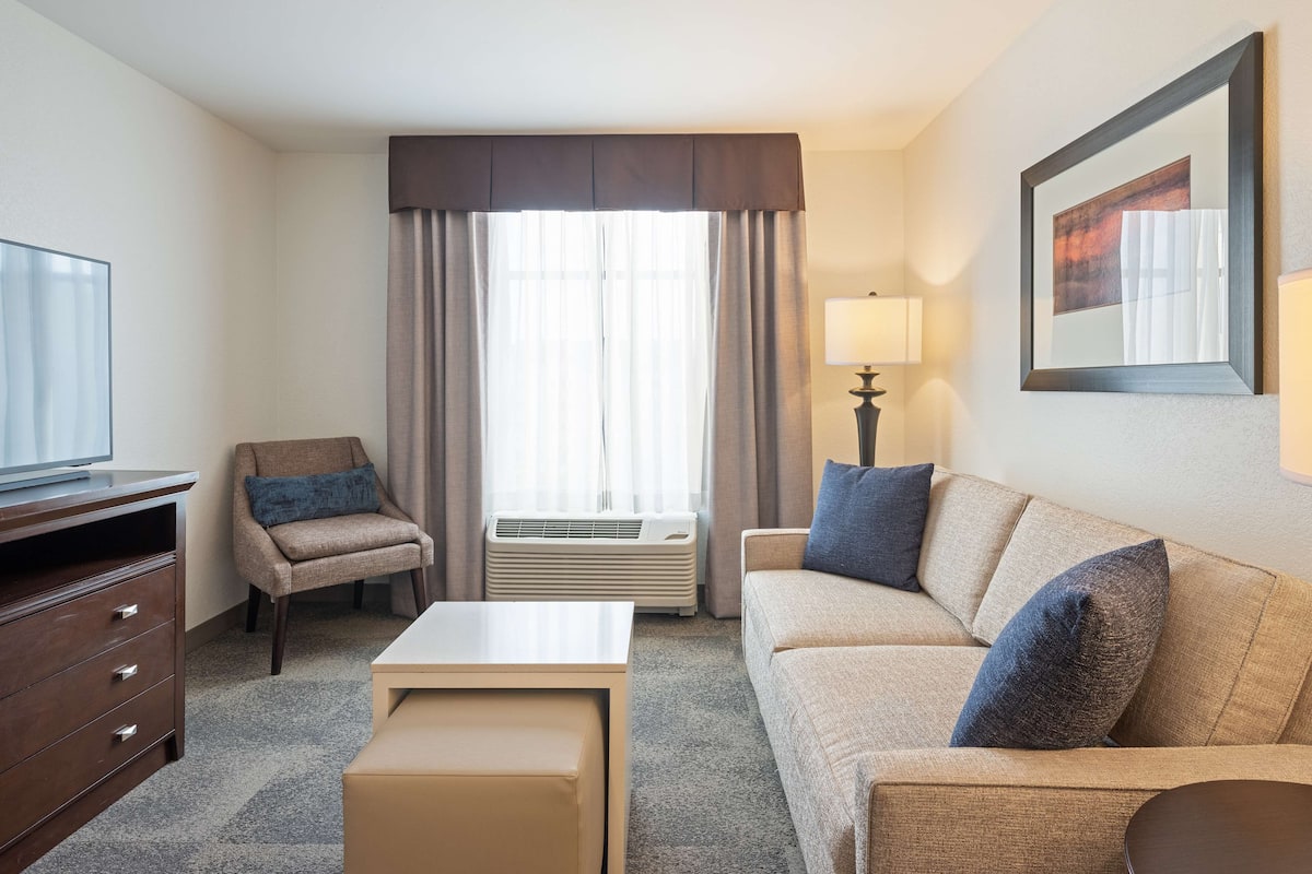 A hotel room with a sofa, a chair, a TV, a lamp, and a window with curtains.