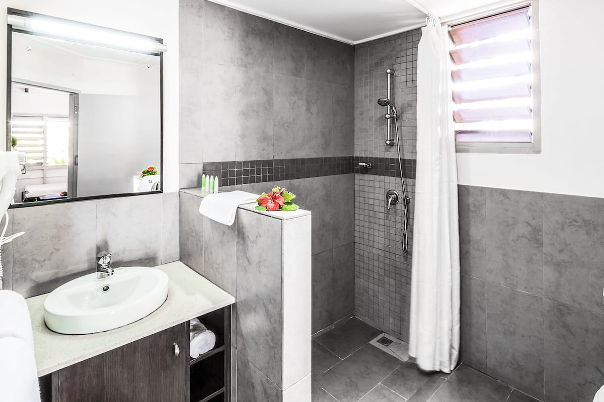 shower, free toiletries, hair dryer, towels