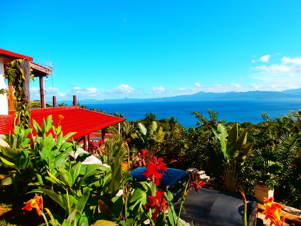 A tropical garden with a view of the ocean and mountains. - Korovesi Sunshine Villas (Savusavu)