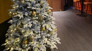 Un alto árbol de Navidad cubierto de escarcha con adornos dorados, ubicado en un pasillo con suelo de madera y paredes color naranja.