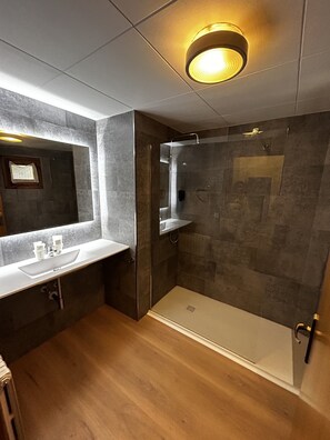 Combined shower/tub, hair dryer, bidet, towels