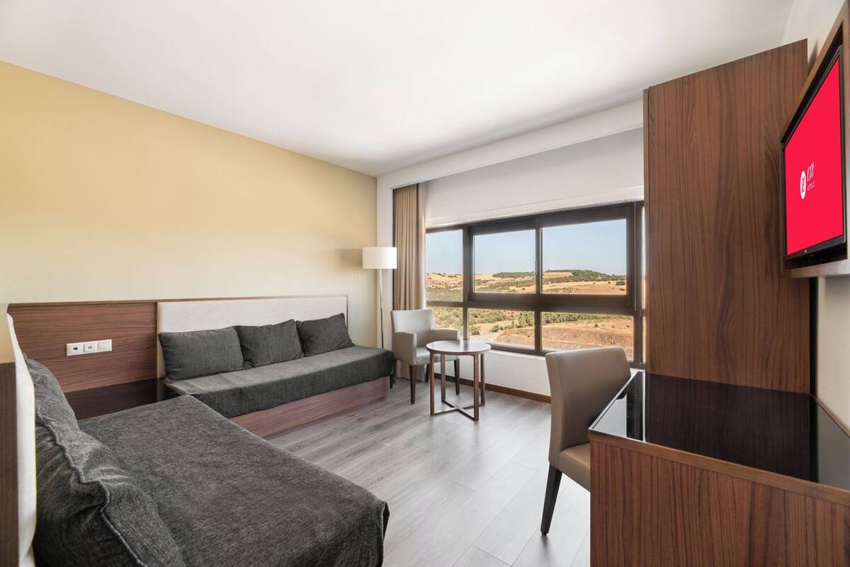 A hotel room with a sofa bed, a desk with a chair, a TV, and large windows with a view of the countryside.