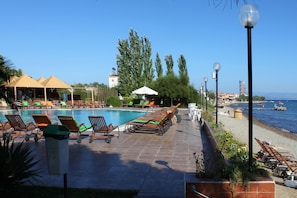 Seasonal outdoor pool, pool umbrellas, pool loungers