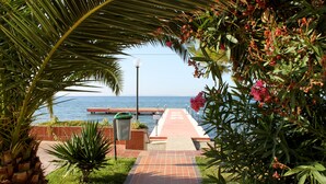 A paved walkway leading to a waterfront, with palm trees and flowering plants on either side. - Hotel Rena (Ayvacik)