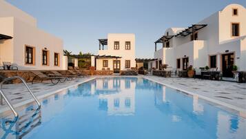Outdoor pool, pool umbrellas, pool loungers