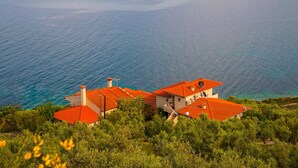 A coastal house with red roofs, surrounded by greenery and overlooking a calm sea. - Thalassokipos (Sithonia)