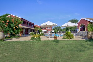 Outdoor pool, pool umbrellas, pool loungers