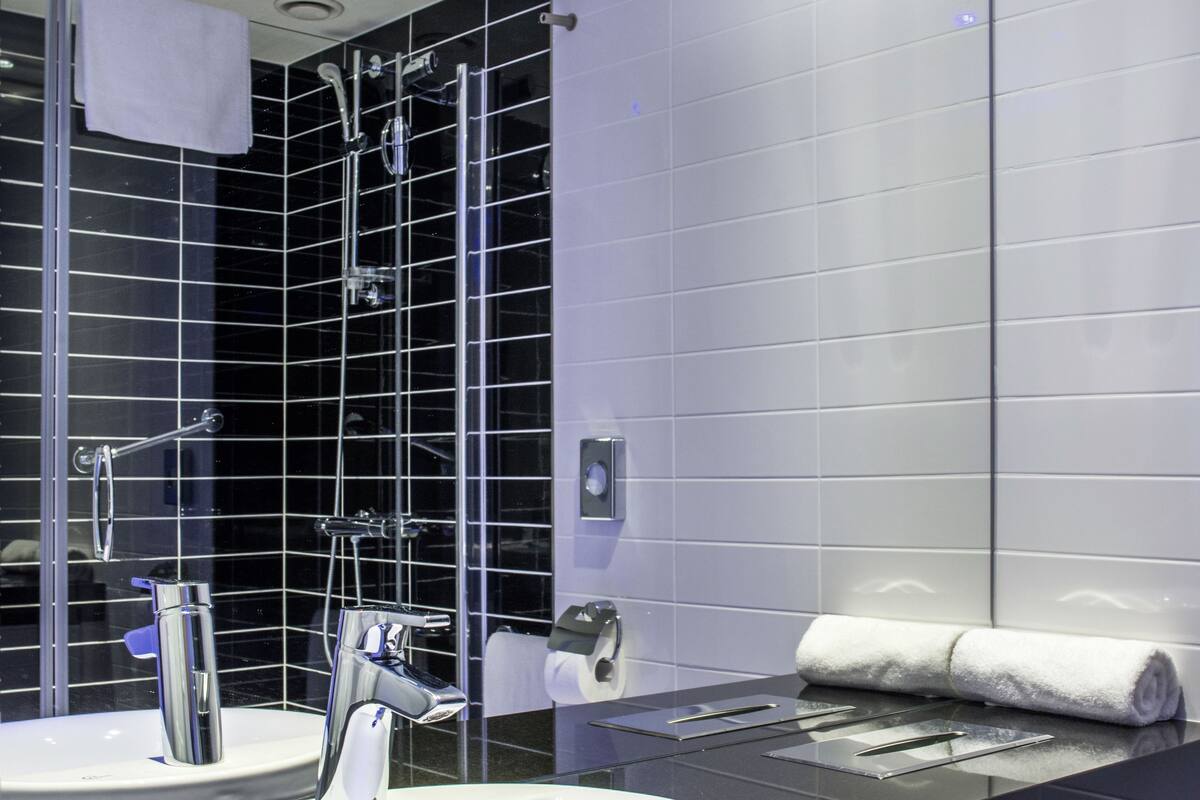 shower, eco-friendly toiletries, hair dryer, towels