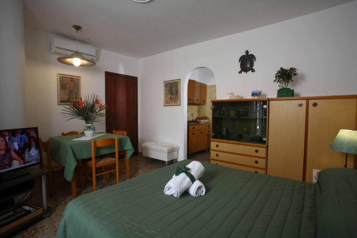 Une chambre d’hôtel comprenant un lit, un bureau avec une chaise, une télévision, une table à manger avec des chaises, une petite table avec un vase, un meuble et une étagère fixée au mur.