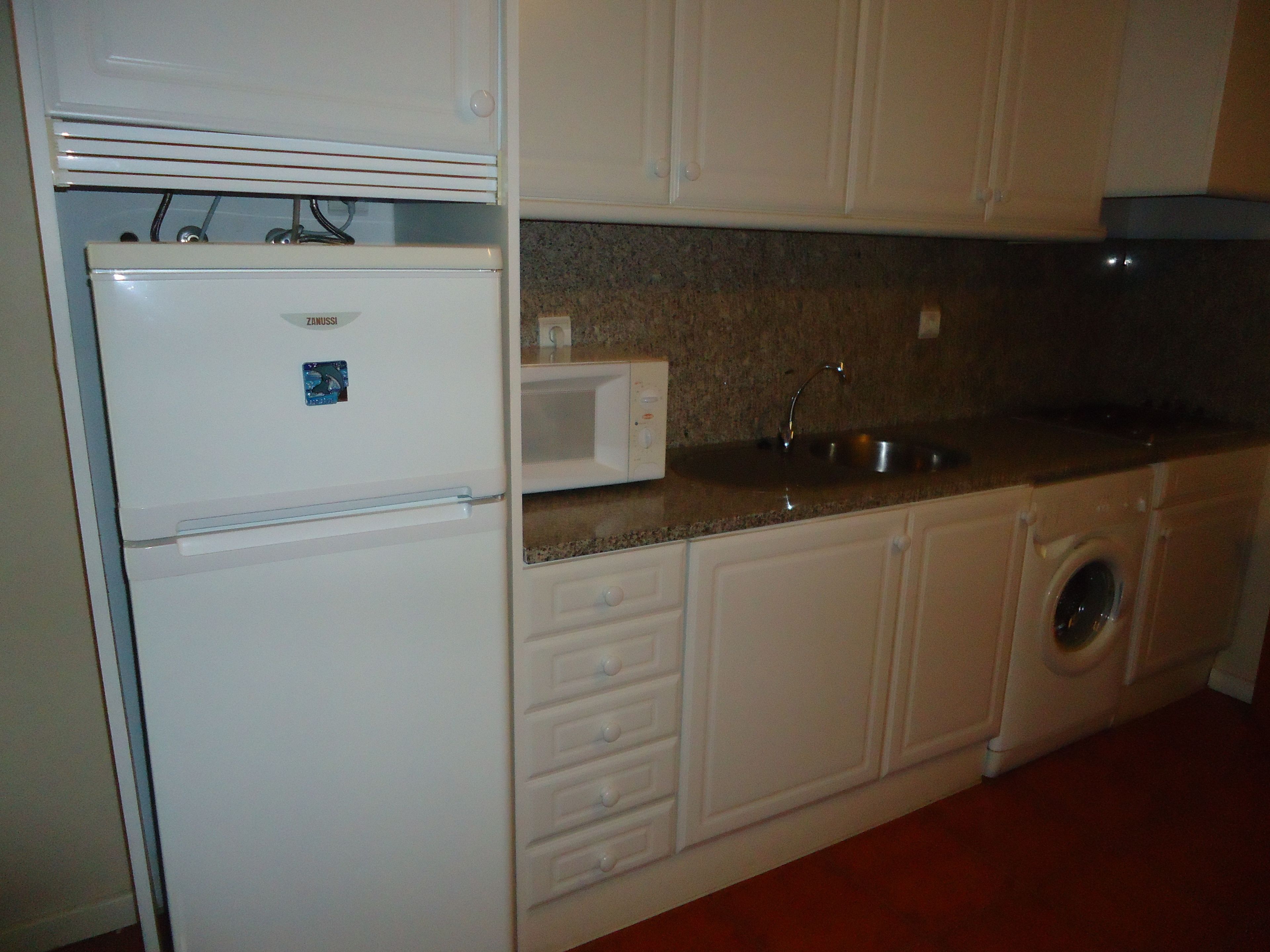 A compact kitchen with a refrigerator, microwave, sink, and washing machine.