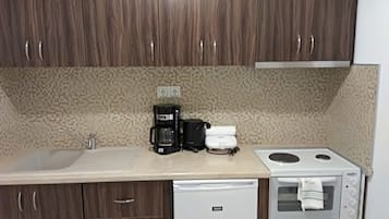 Estudi en suite de luxe, 1 dormitori | Cuina privada | Frigorífic gran, placa de cuina i cafetera i tetera