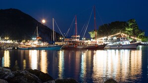 Ein Yachthafen bei Nacht mit vertäuten Booten, beleuchtet von Lichtern, und einem Berg im Hintergrund.
