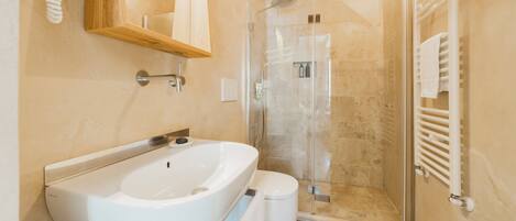 A bathroom with a large white sink, a toilet, and a glass-enclosed shower.