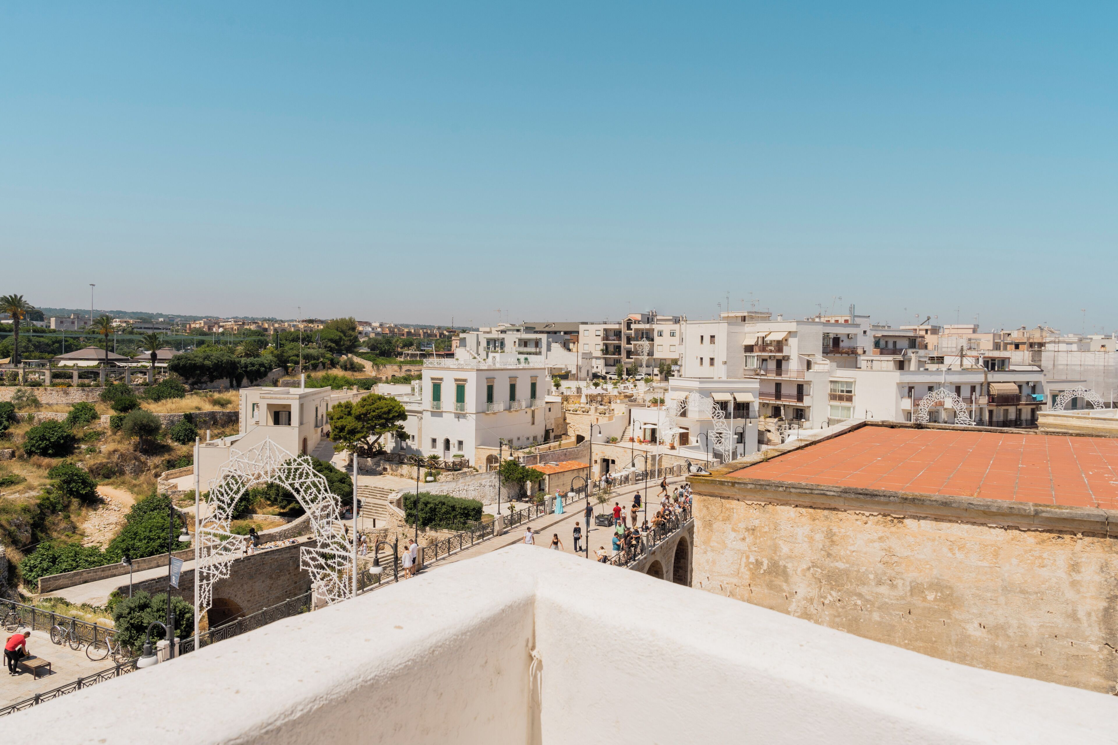 A cityscape with buildings, a bridge, and a clear sky.