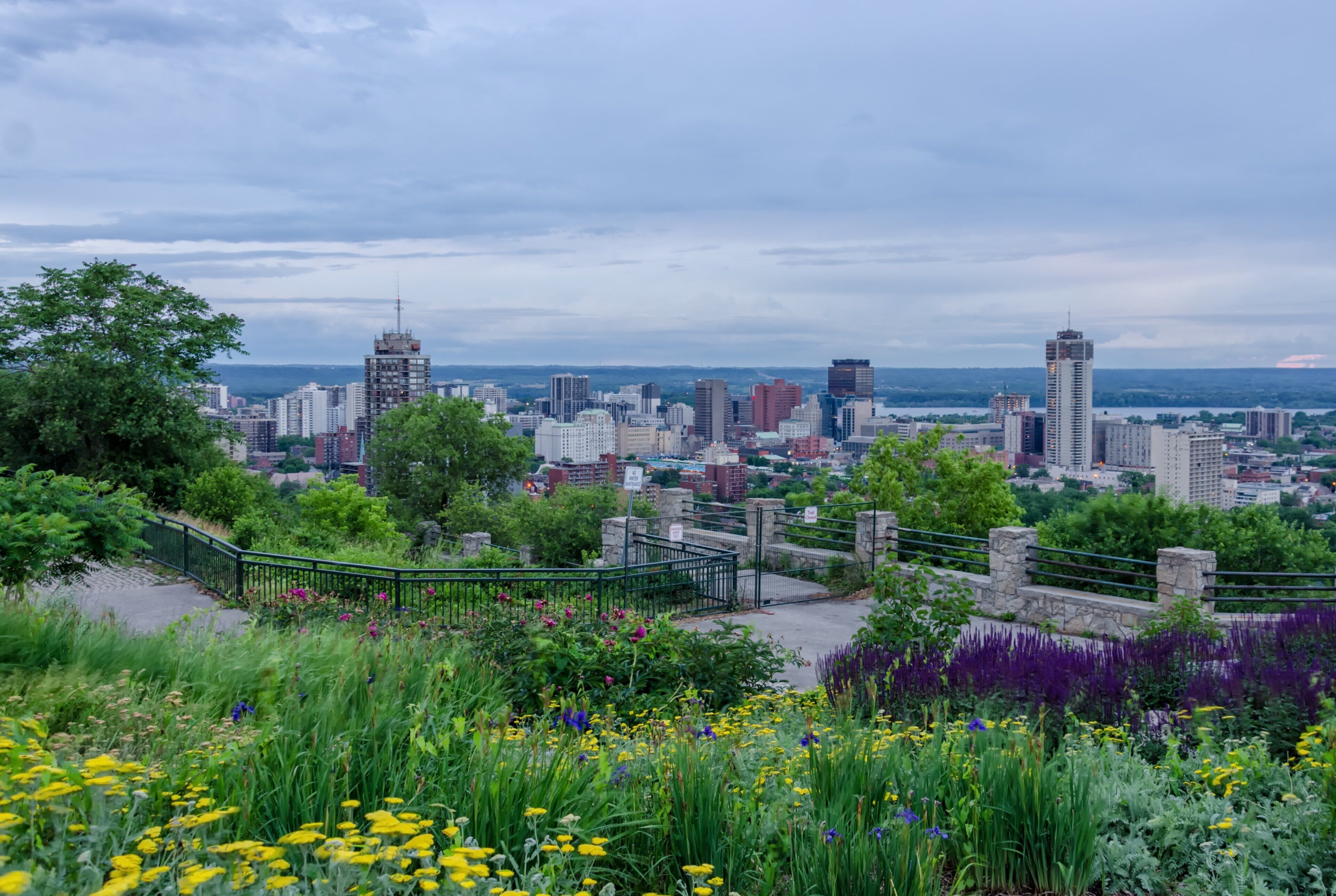 A cityscape with a variety of building heights and a park area with flowers.