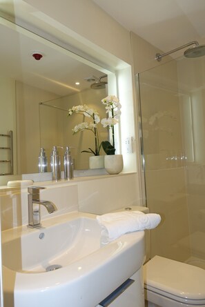A modern bathroom with a large mirror, a white sink, a glass shower enclosure, and a potted orchid. - One Holyrood Hotel (Newport)