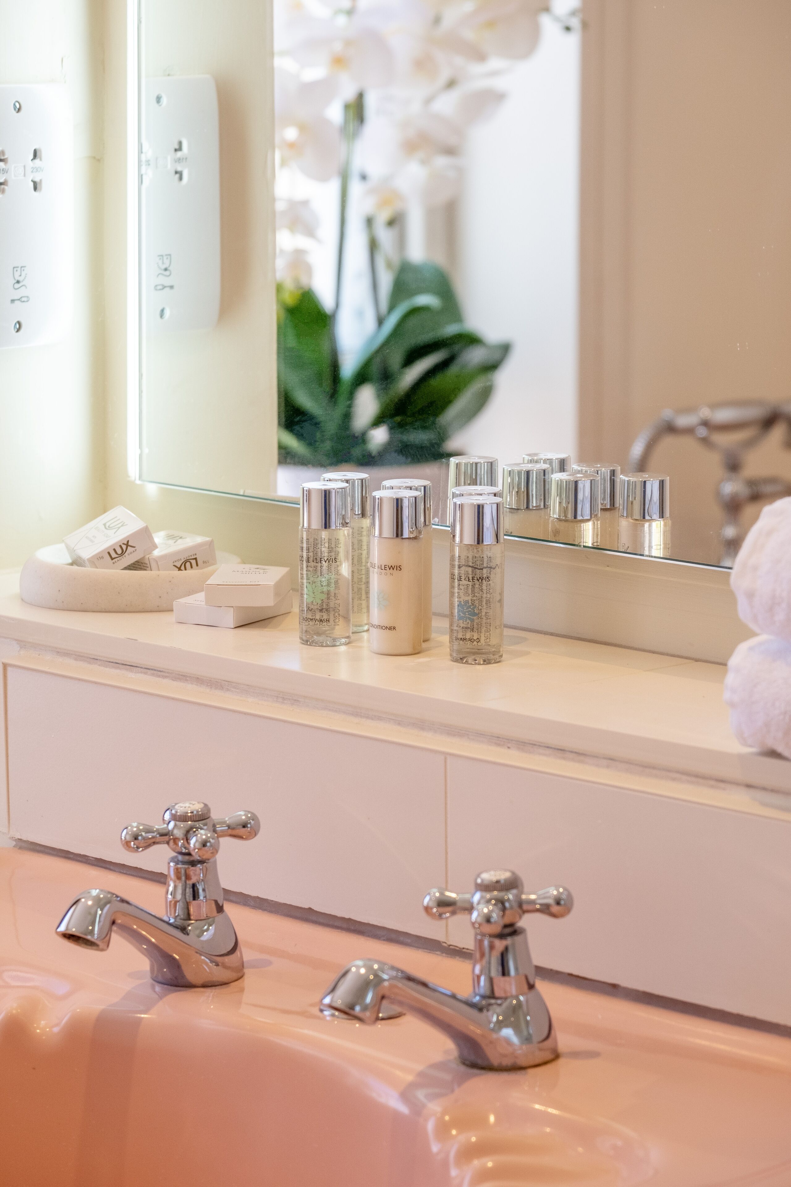 Ein Badezimmer mit weißer Ablagefläche, zwei chromfarbenen Wasserhähnen und einem Spiegel, der eine Pflanze und ein Handtuch reflektiert.