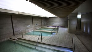 A modern indoor swimming pool with three separate lanes, wooden steps leading into the water, and a sloped ceiling with a wooden panel design.