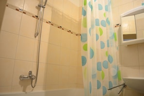 Family Apartment, 1 Bedroom, Kitchen | Bathroom | Separate bathtub and shower, hair dryer, towels