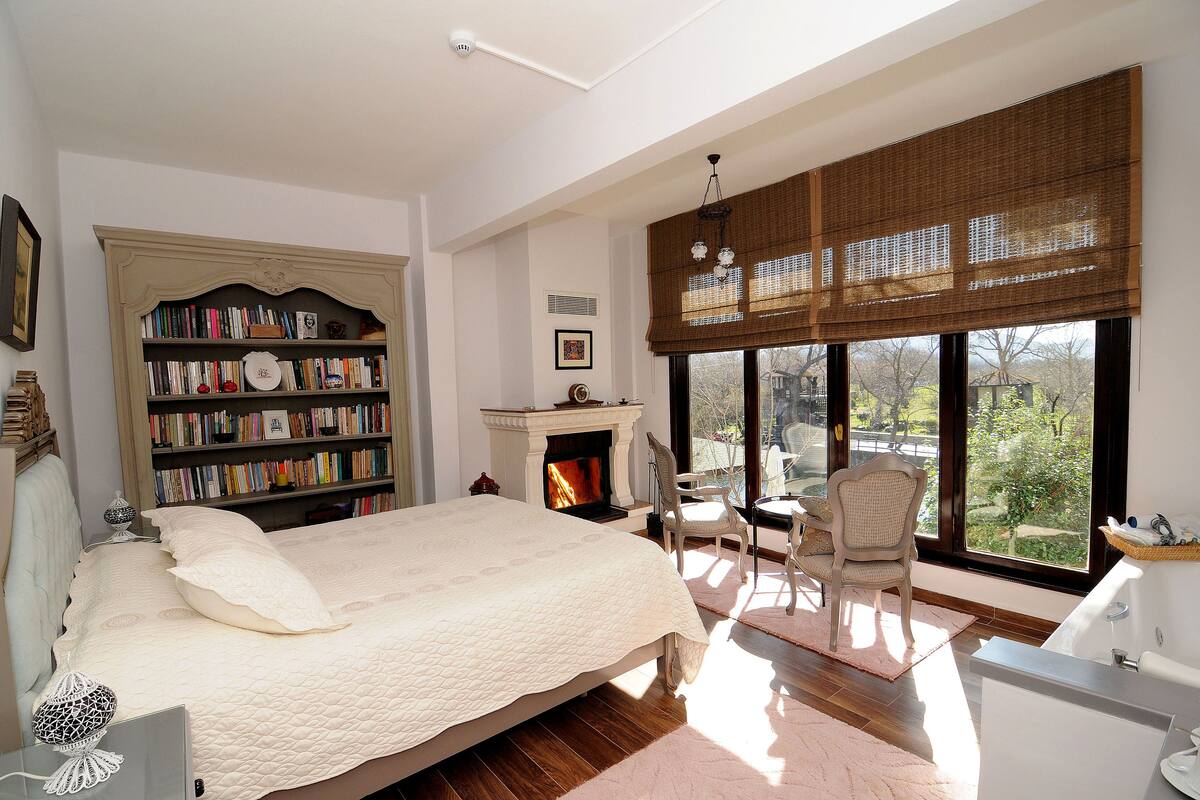 A spacious bedroom with a large bed, a bookshelf, a fireplace, and a view of the outdoors.