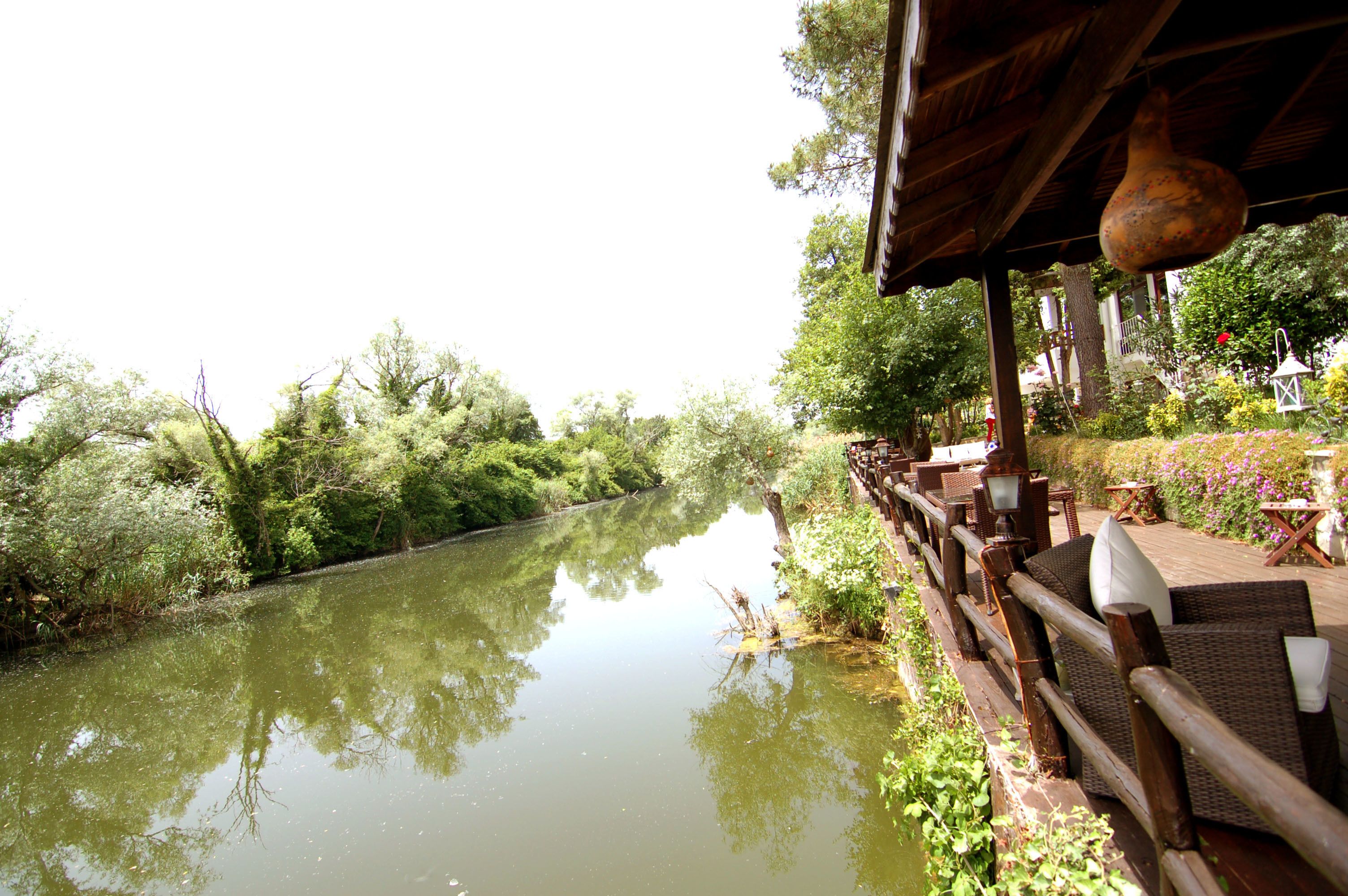 A riverside walkway with wooden railings and benches, surrounded by lush greenery and a calm river.