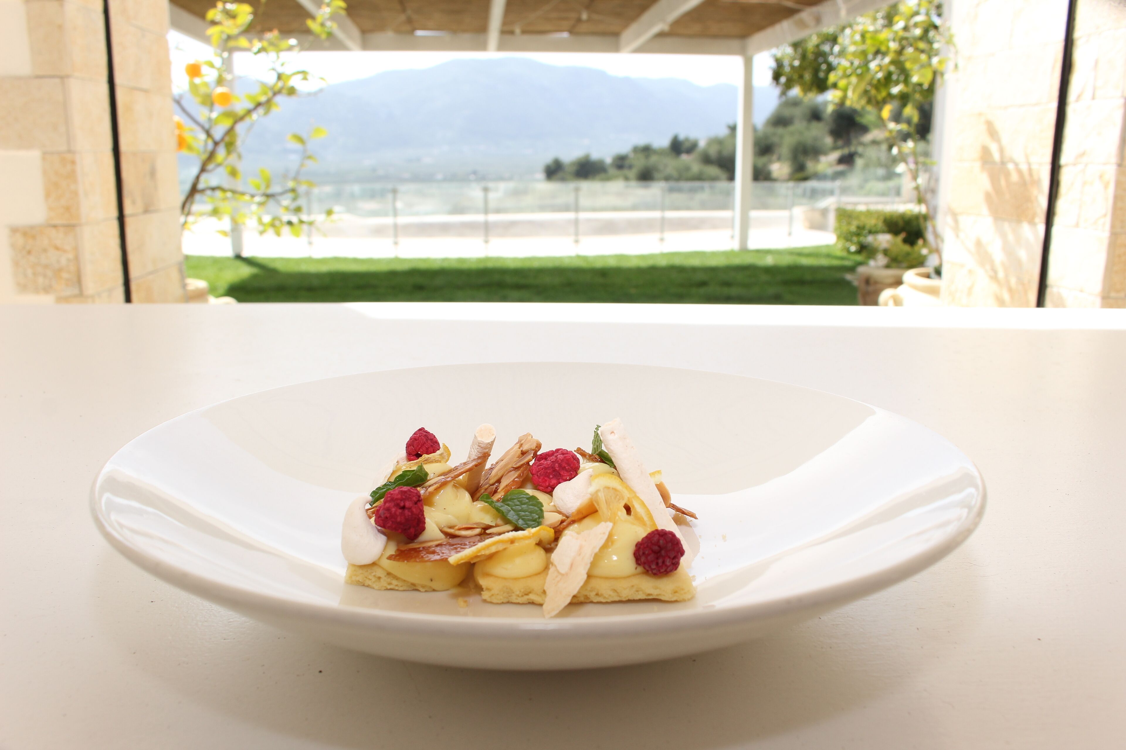A dessert on a white plate with a scenic view of a lake and mountains in the background.