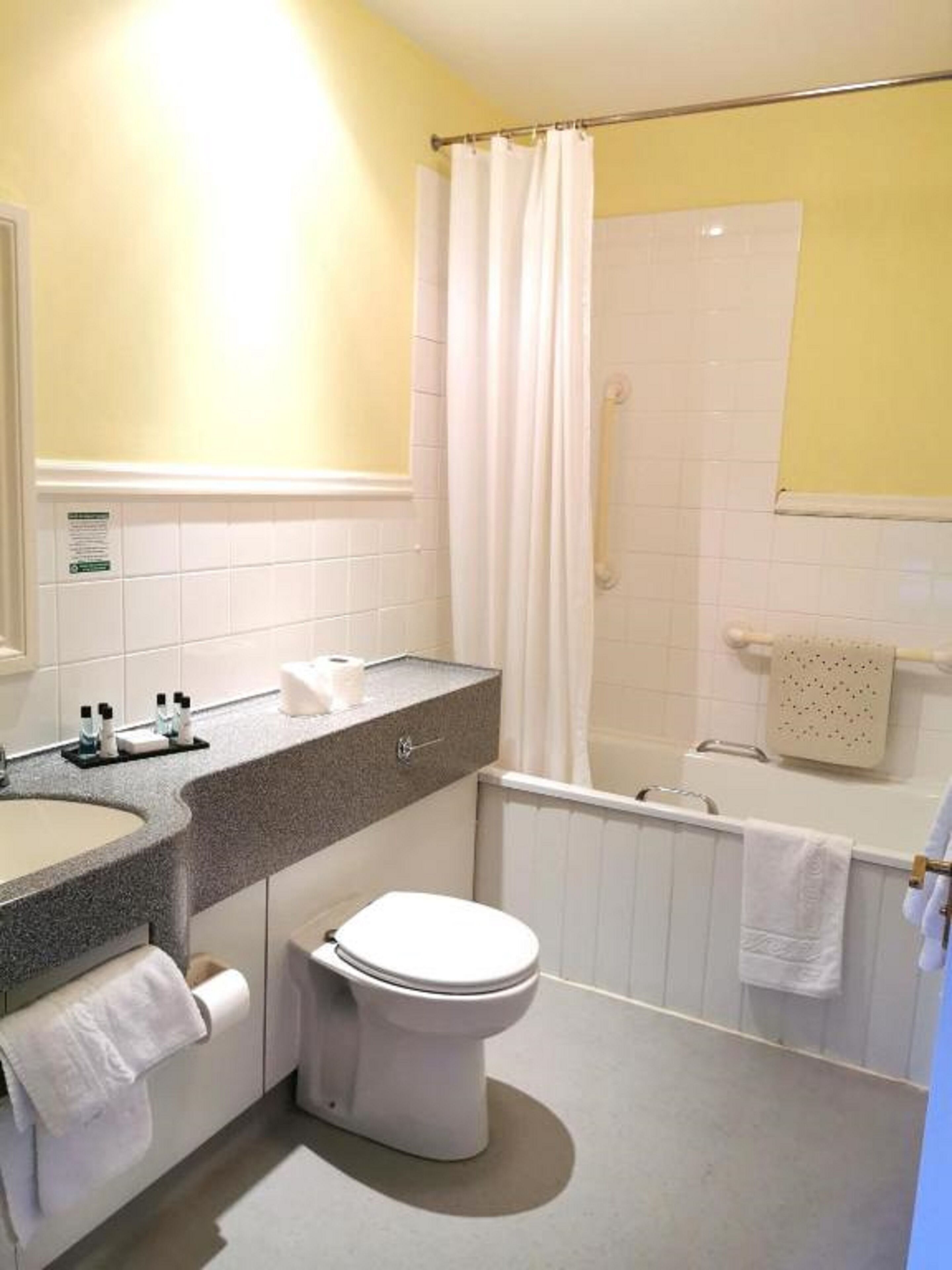 Une salle de bain avec un lavabo, des toilettes et une baignoire.