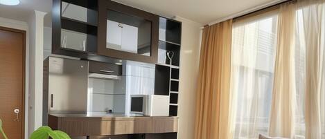 Flat-screen TV, MP3 dock