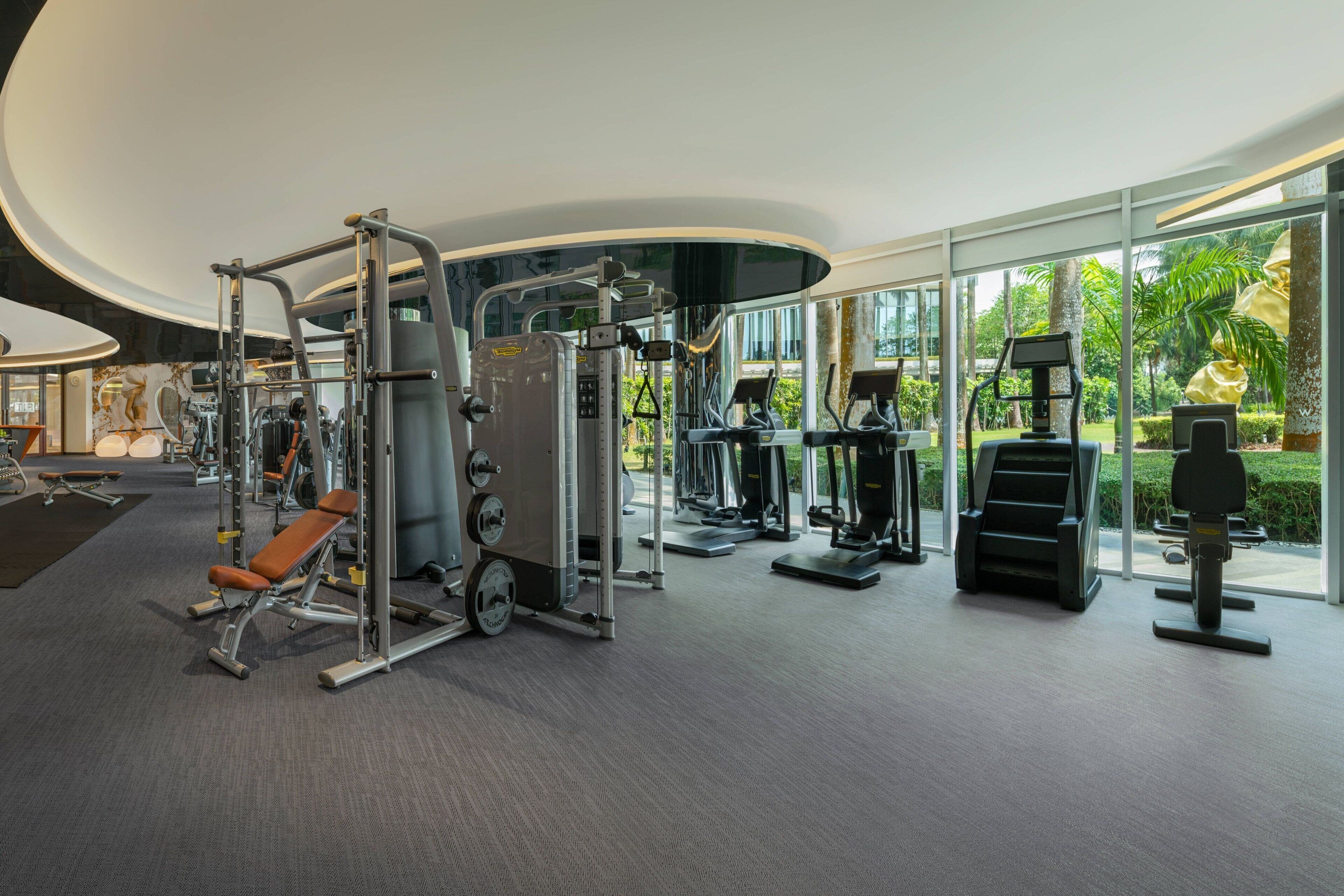 A modern gym with various exercise machines, a bench, and a large window offering a view of greenery.