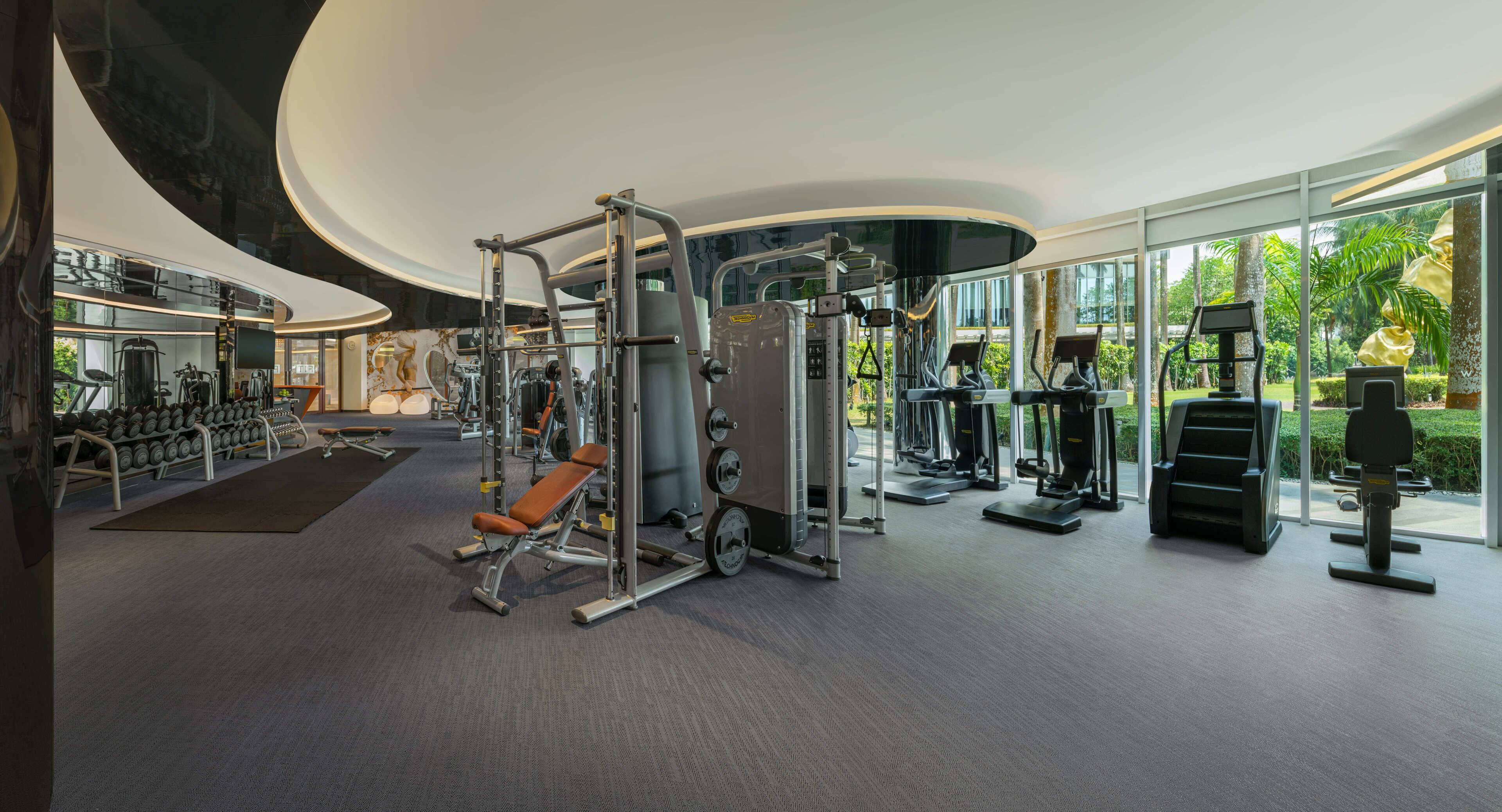 A modern gym with various exercise equipment, large windows, and a curved ceiling.