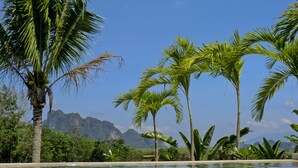 A clear view of a swimming pool surrounded by palm trees and a mountainous landscape. - Leelawadee Garden Resort (Krabi)